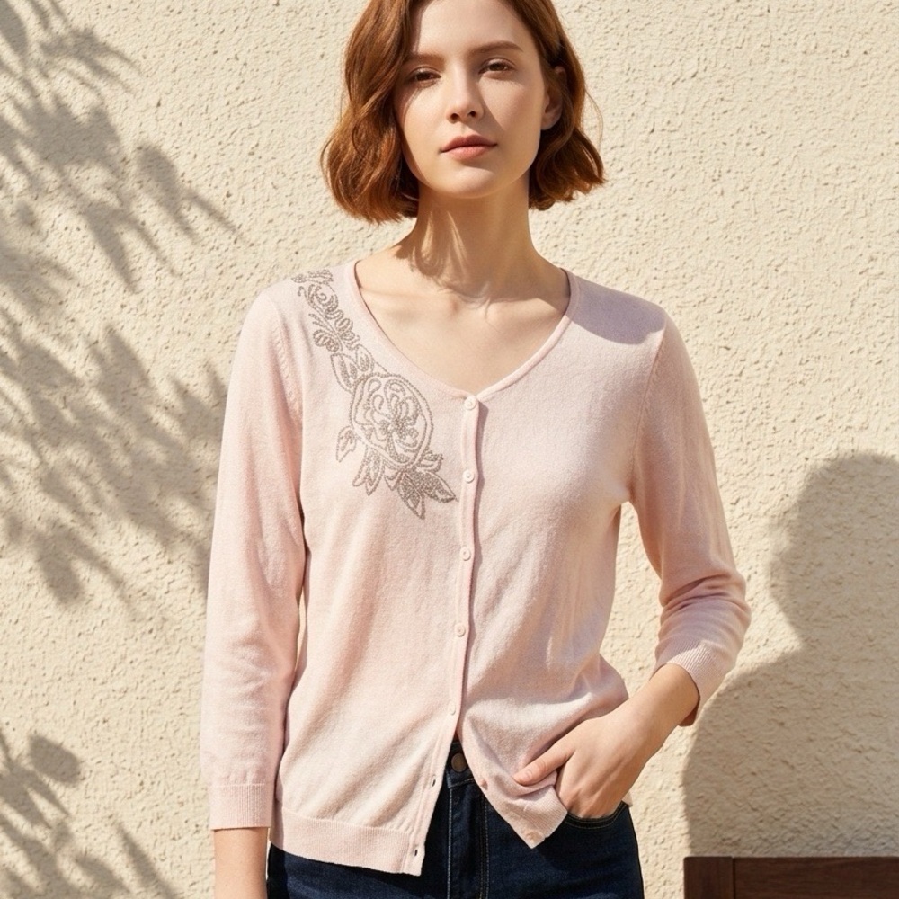 Cable & Gauge Soft Pink Beaded Womens Cardigan Sweater Medium Workwear Soft Girl